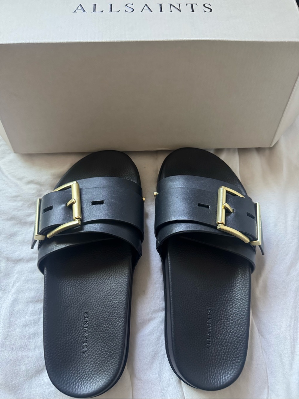 AllSaints Black Leather Buckle Slide Sandals